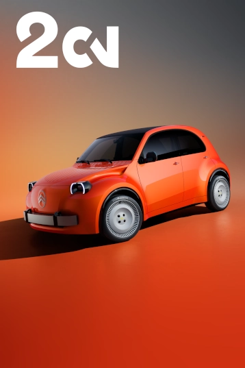 Vue avant trois-quarts du concept Citroën 2 CV, réinterprétation moderne d’un modèle légendaire inspirée de son design emblématique.